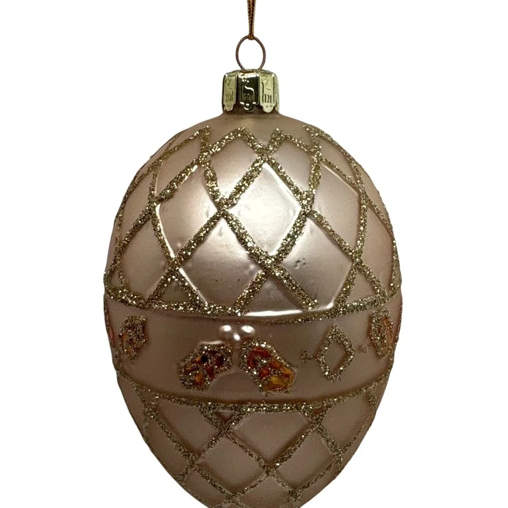 Champagne Pink‎ Blown Glass Egg Christmas Ornament Gold Glitter Trellis 4